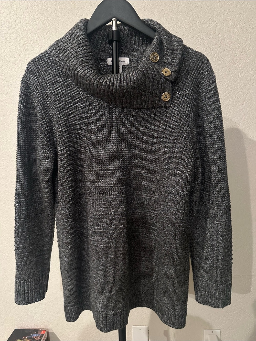 Calvin Klein Charcoal Button-Collar Knit Top Size PL
